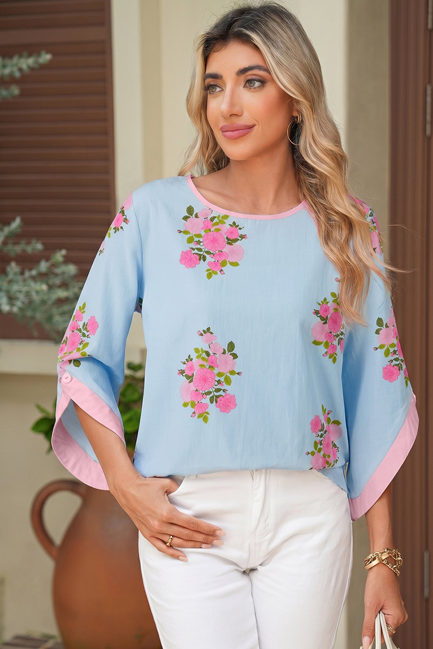 Sky Blue Floral Print Button Cuffed 3/4 Sleeve Round Neck Blouse-Tops/Blouses & Shirts-[Adult]-[Female]-2022 Online Blue Zone Planet