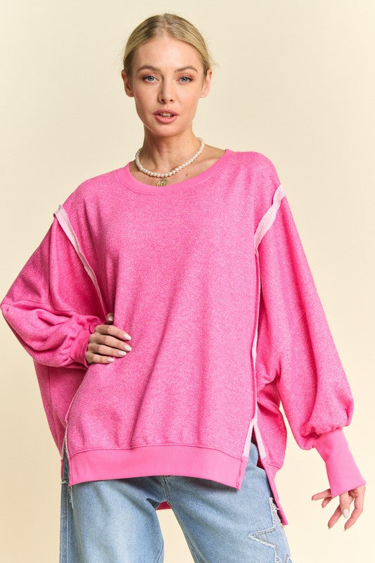 Blue Zone Planet | Davi & Dani Side Slit High-Low Lantern Sleeve Knit Top-TOPS / DRESSES-[Adult]-[Female]-Fuchsia Pink-S-2022 Online Blue Zone Planet