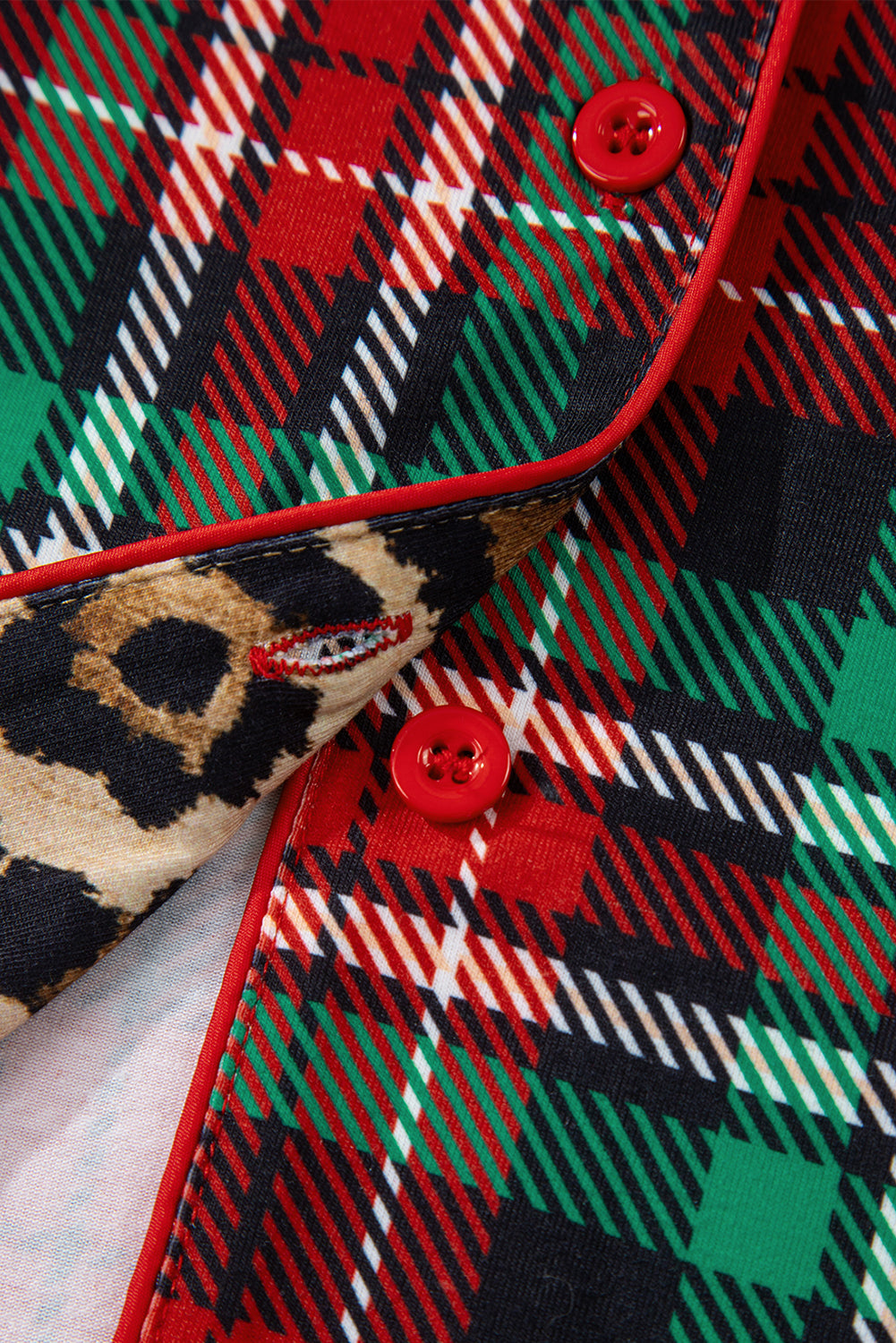 Racing Red Retro Plaid Leopard Print Patchwork Long Sleeve Shorts Pajama Set-Loungewear & Sleepwear/Sleepwear-[Adult]-[Female]-2022 Online Blue Zone Planet