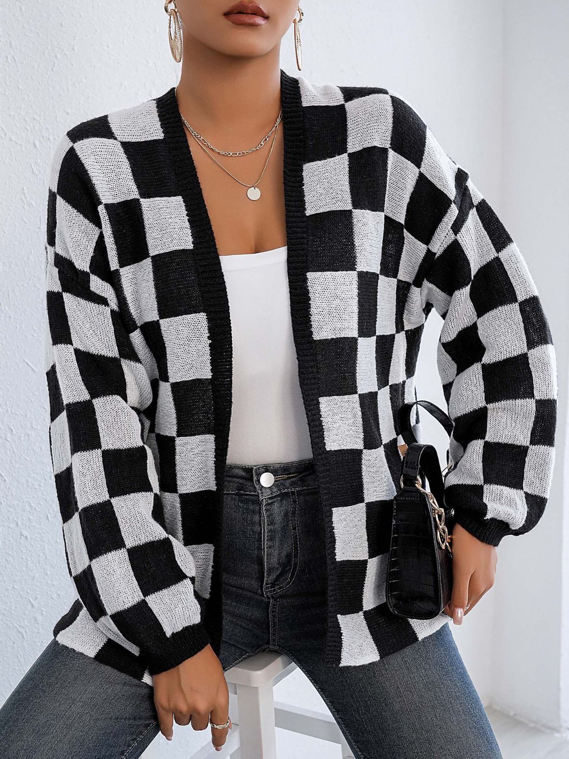 Checkered Open Front Long Sleeve Cardigan-TOPS / DRESSES-[Adult]-[Female]-2022 Online Blue Zone Planet