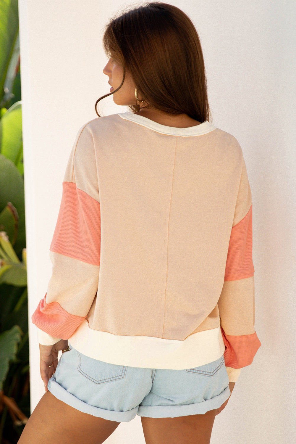 Light French Beige Color Block Textured Patchwork Pullover Sweatshirt-Tops/Sweatshirts & Hoodies-[Adult]-[Female]-2022 Online Blue Zone Planet