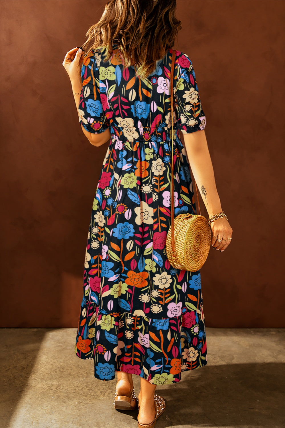 Printed V-Neck Half Sleeve Midi Dress-TOPS / DRESSES-[Adult]-[Female]-2022 Online Blue Zone Planet