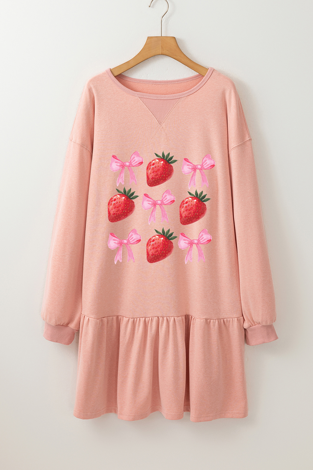 Dusty Pink Strawberry Bowknot Graphic Heat Transfer Ruffle Mini Dress-Graphic Apparel-[Adult]-[Female]-2022 Online Blue Zone Planet