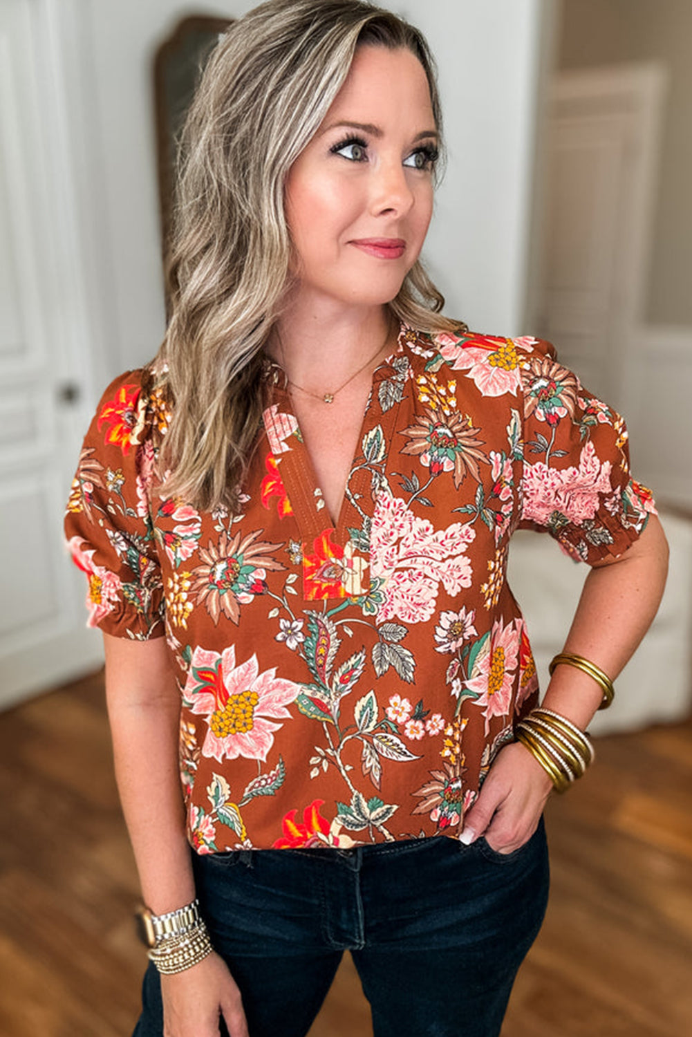 Brown Floral Stitched V Neck Frilled Trim Puff Short Sleeve Blouse-Plus Size/Plus Size Tops/Plus Size Blouses & Shirts-[Adult]-[Female]-2022 Online Blue Zone Planet