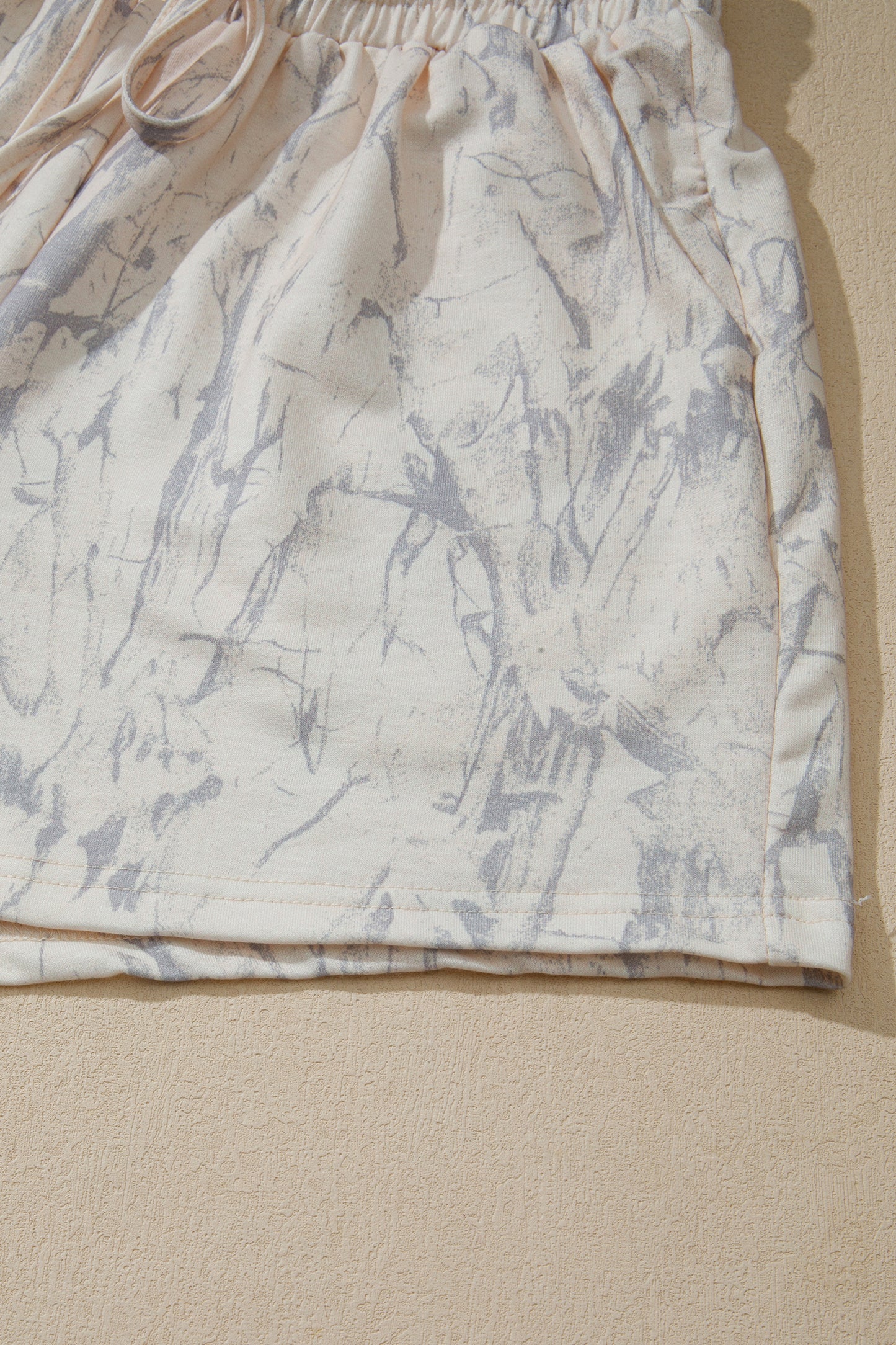 Khaki Abstract Print V Neck Loose Tee Drawstring Shorts 2pcs Outfit-Two Piece Sets/Short Sets-[Adult]-[Female]-2022 Online Blue Zone Planet