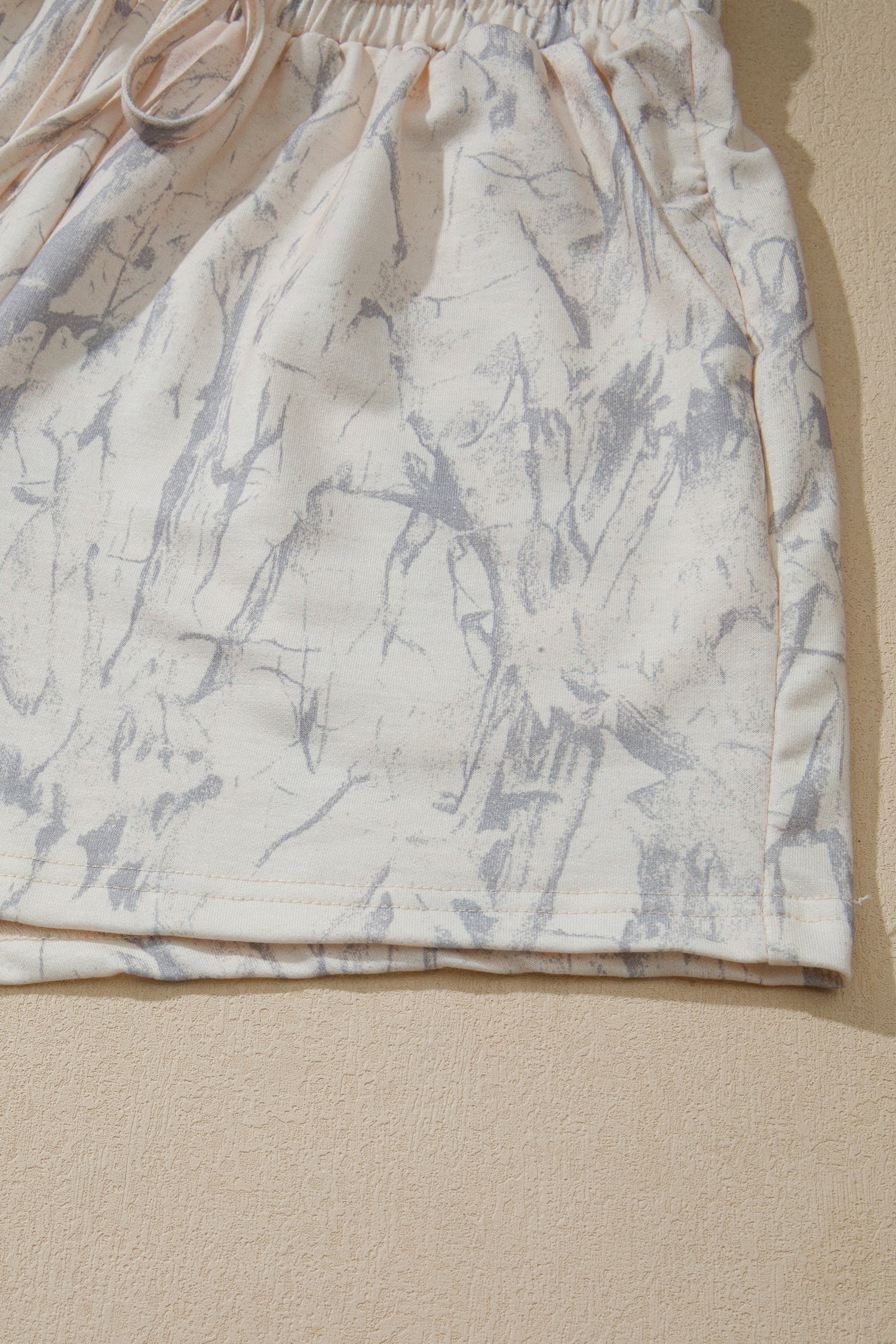 Khaki Abstract Print V Neck Loose Tee Drawstring Shorts 2pcs Outfit-Two Piece Sets/Short Sets-[Adult]-[Female]-2022 Online Blue Zone Planet