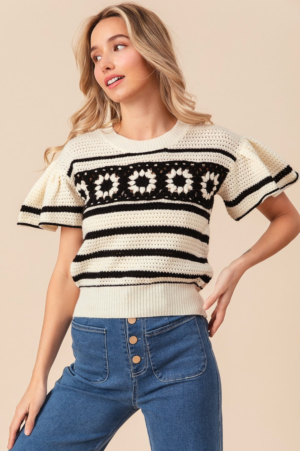 BiBi Granny Square Short Sleeve Striped Sweater-TOPS / DRESSES-[Adult]-[Female]-2022 Online Blue Zone Planet