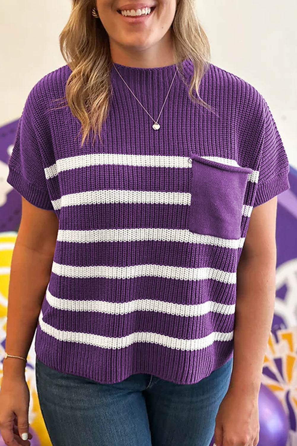Purple Stripe Raw Edge Patched Pocket Short Sleeve Knit Sweater-Sweaters & Cardigans/Short Sleeve Sweaters-[Adult]-[Female]-Purple Stripe-S-2022 Online Blue Zone Planet