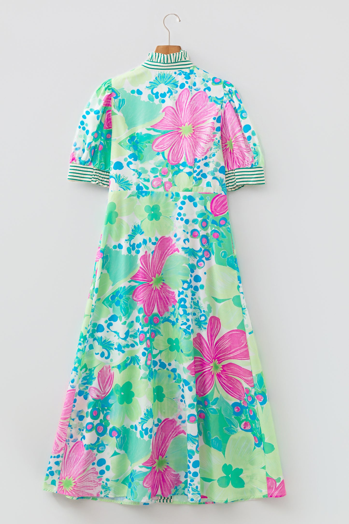 Green Stripe Floral Print Striped Trim Button Down Short Sleeve Vacation Dress-TOPS / DRESSES-[Adult]-[Female]-2022 Online Blue Zone Planet