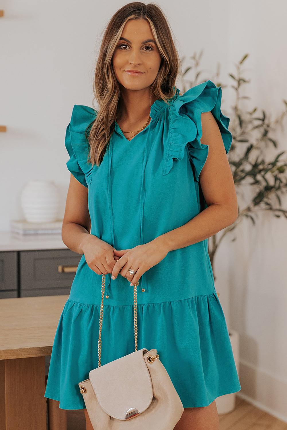 Green Tiered Ruffled Sleeves Mini Dress with Pockets Blue Zone Planet