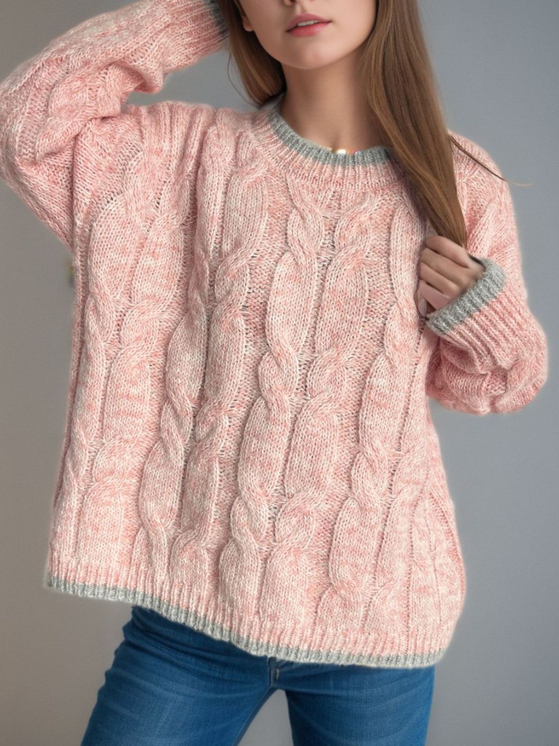 Blue Zone Planet | Cable Knit Round Neck Long Sleeve Sweater-TOPS / DRESSES-[Adult]-[Female]-2022 Online Blue Zone Planet