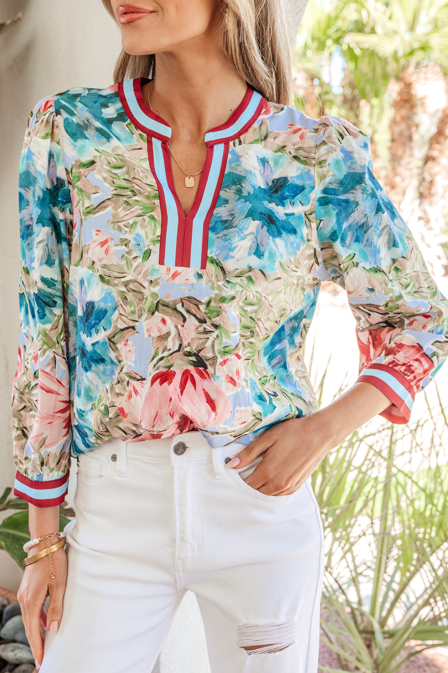 Sky Blue Contrast Trim V Neck Cuffed Bracelet Sleeve Floral Blouse-Bracelet-[Adult]-[Female]-2022 Online Blue Zone Planet