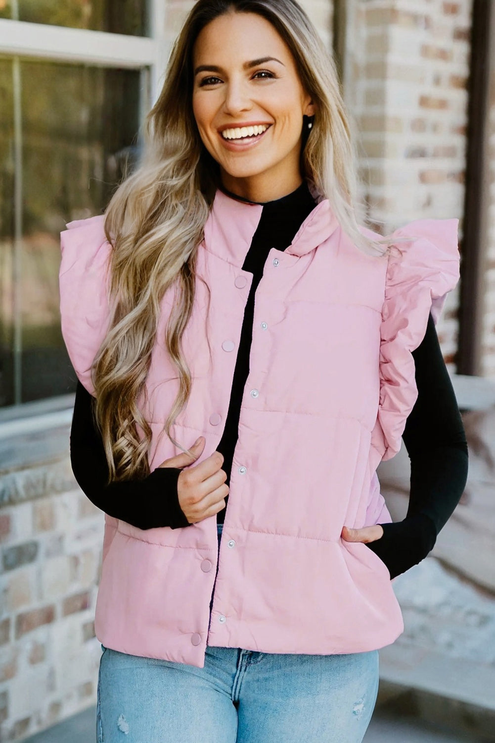 Pink Stand Neck Flutter Sleeve Snap Button Puffer Vest-Outerwear/Vests-[Adult]-[Female]-2022 Online Blue Zone Planet