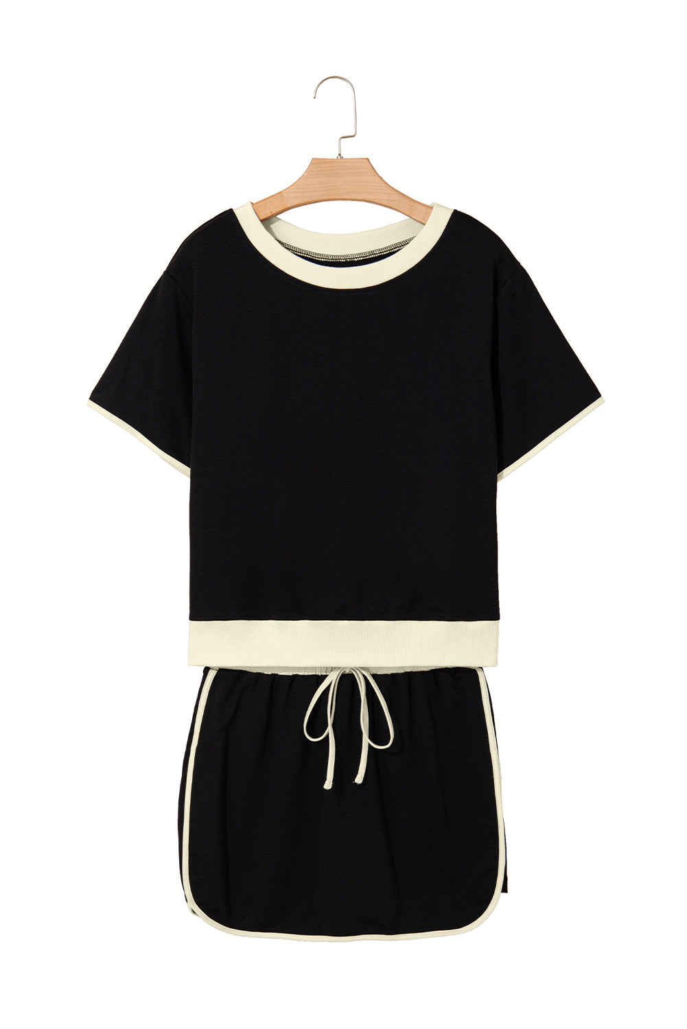 Black Colorblock Edge Drop Shoulder T Shirt and Skort 2Pcs Set-Two Piece Sets/Two Piece Dresses-[Adult]-[Female]-2022 Online Blue Zone Planet