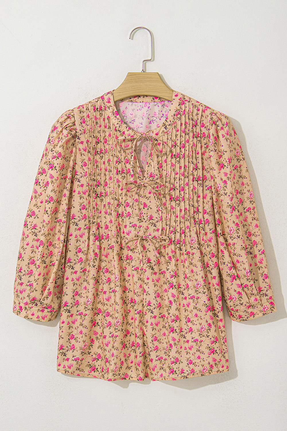 Light French Beige Floral Print Bow Pintuck Bust Half Puff Sleeve Blouse Top-Tops/Blouses & Shirts-[Adult]-[Female]-2022 Online Blue Zone Planet