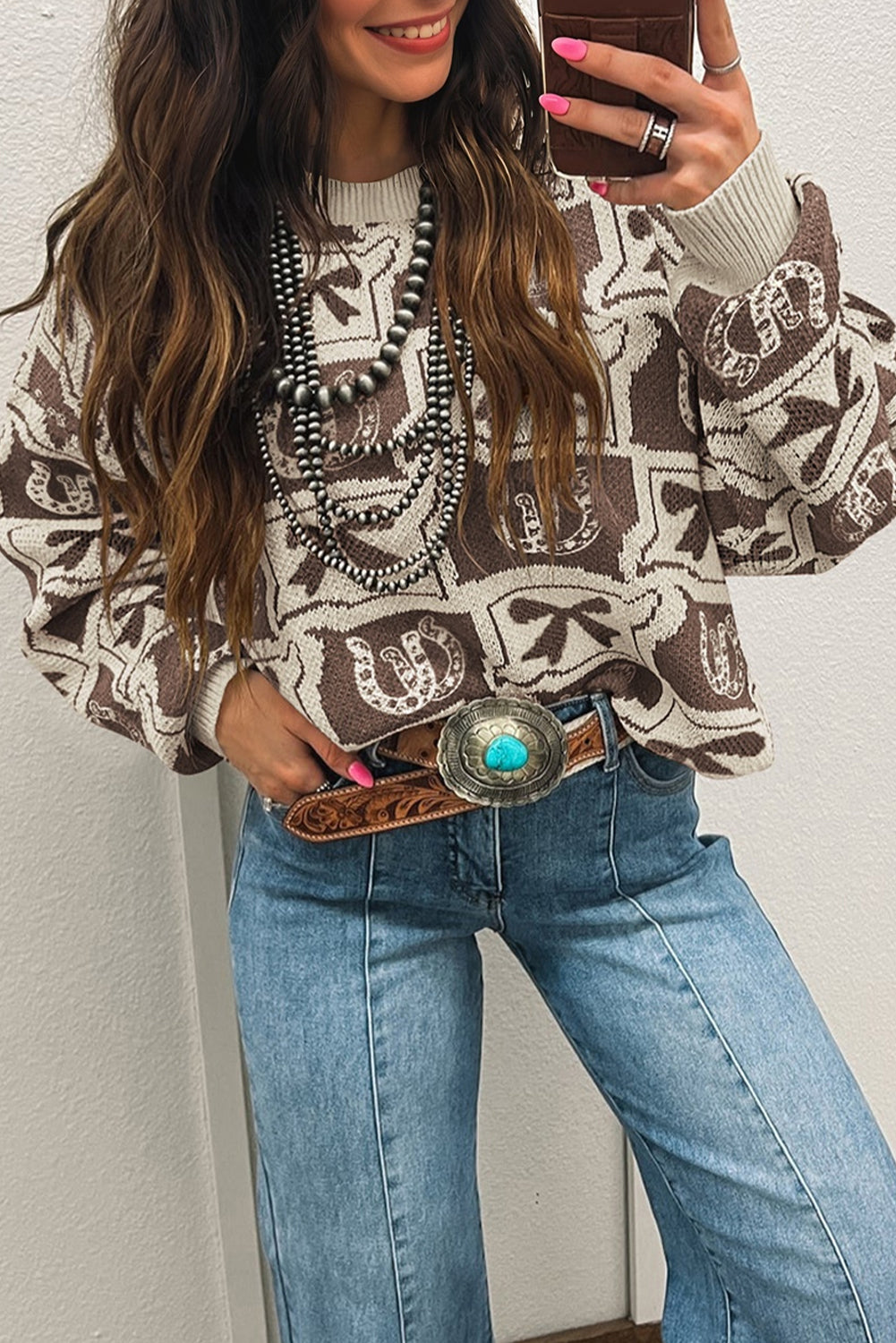 Brown Bows & Horseshoes Pattern Western Fashion Print Sweater-TOPS / DRESSES-[Adult]-[Female]-2022 Online Blue Zone Planet