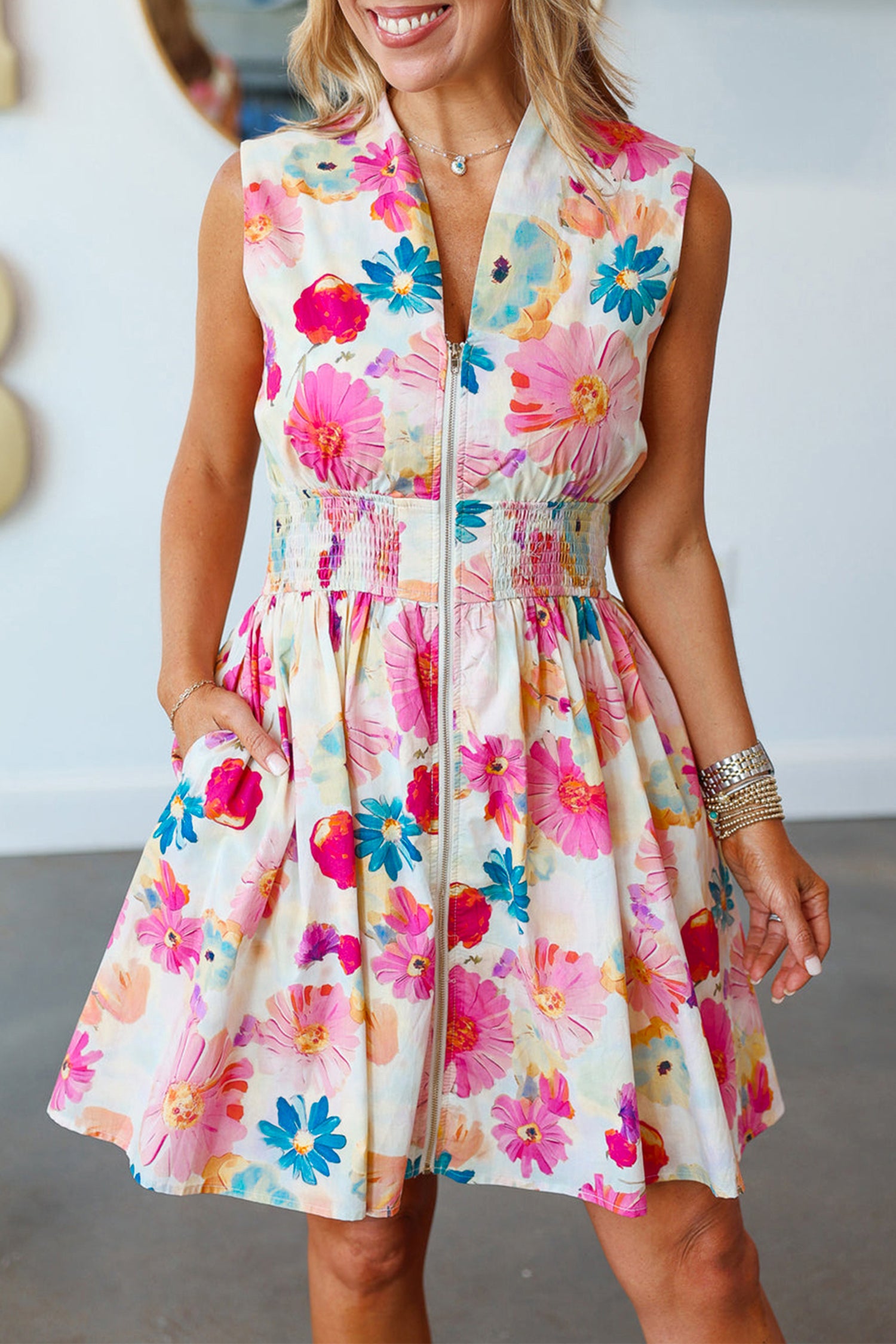 Pink Adorable Floral Print V Neck Zip Up Smocked Waist Flared Mini Dress-Dresses/Mini Dresses-[Adult]-[Female]-Pink-S-2022 Online Blue Zone Planet