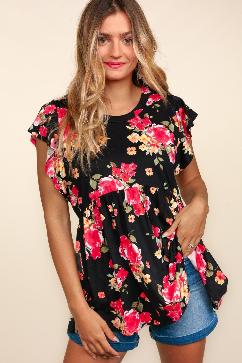 Blue Zone Planet | Haptics Floral Ruffle Short Sleeve Babydoll Top-TOPS / DRESSES-[Adult]-[Female]-Black-S-2022 Online Blue Zone Planet