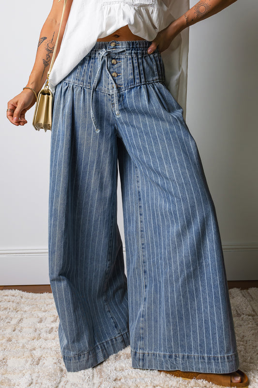 Sky Blue Stripe Button Pleated Drawstring Waist Casual Wide Leg Jeans-Bottoms/Jeans-[Adult]-[Female]-Sky Blue Stripe-4-2022 Online Blue Zone Planet