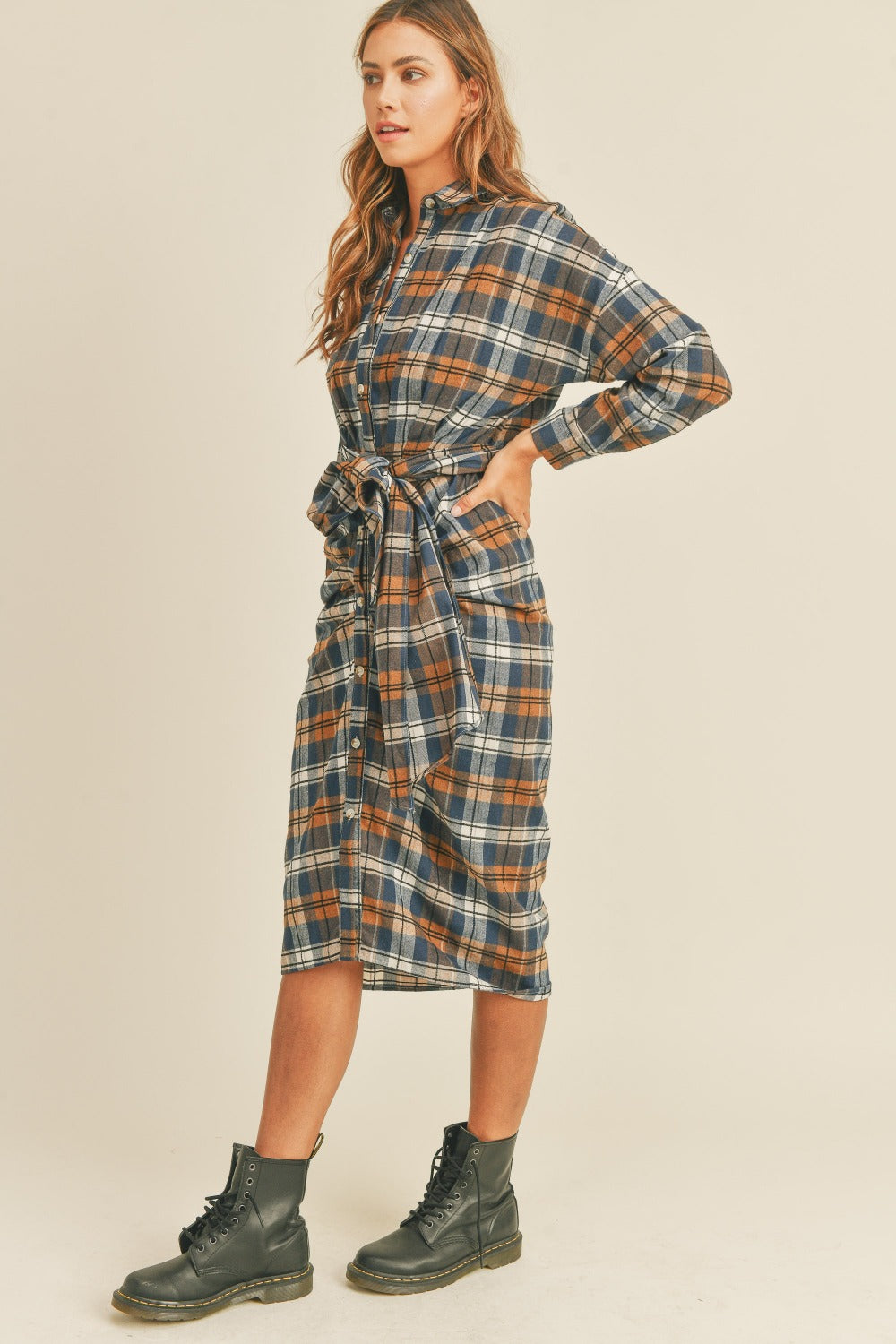 Blue Zone Planet | Mable Plaid Flannel Front Tie Button Down Shirt Dress-TOPS / DRESSES-[Adult]-[Female]-2022 Online Blue Zone Planet