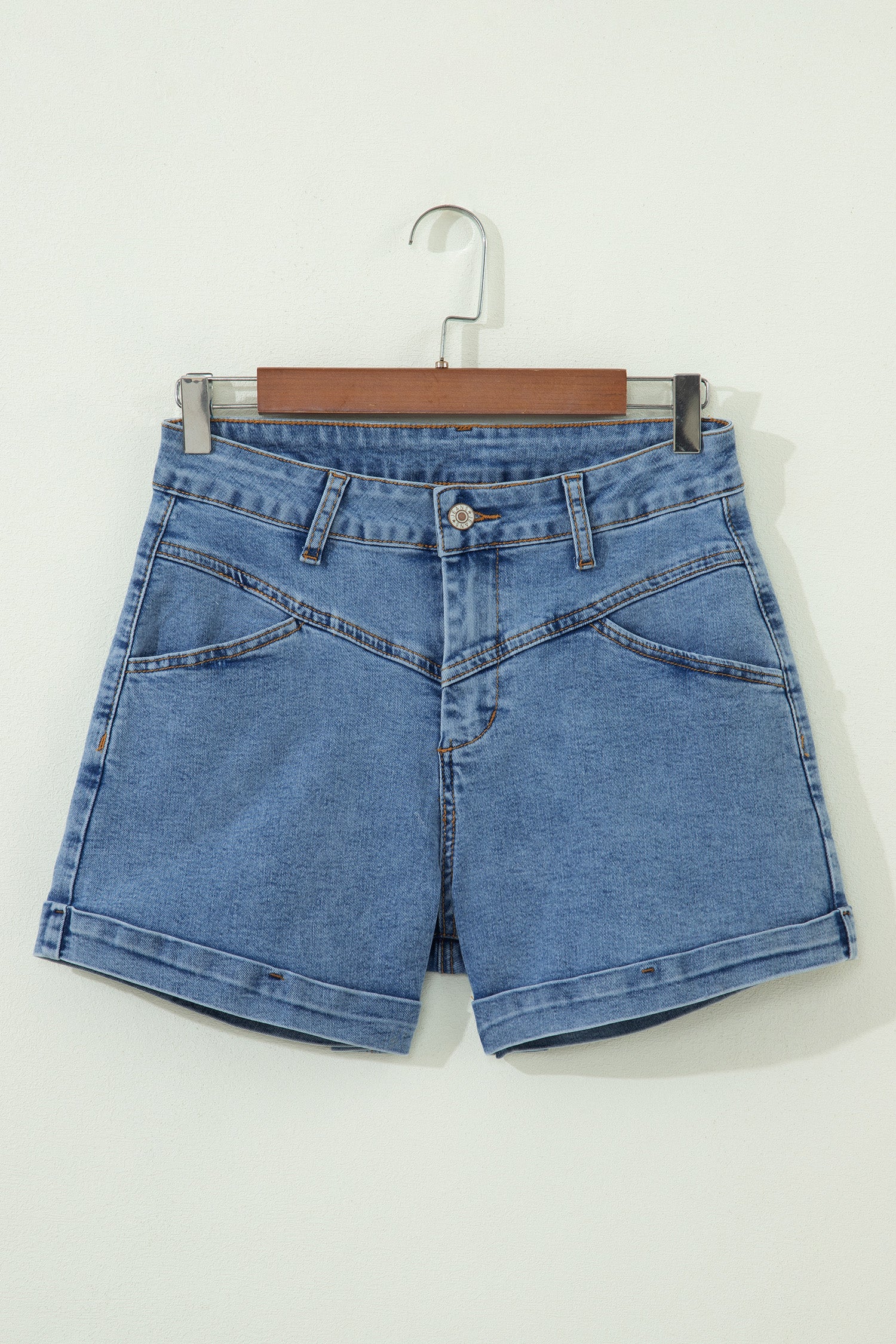 Ivy Seam Detail Pocketed Cuffed Hem Denim Shorts-Bottoms/Denim Shorts-[Adult]-[Female]-2022 Online Blue Zone Planet