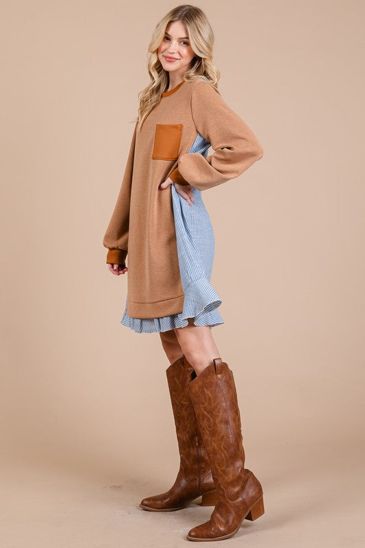 Ces Femme Striped Patchwork Round Neck Terry Sweatshirt Dress-TOPS / DRESSES-[Adult]-[Female]-2022 Online Blue Zone Planet