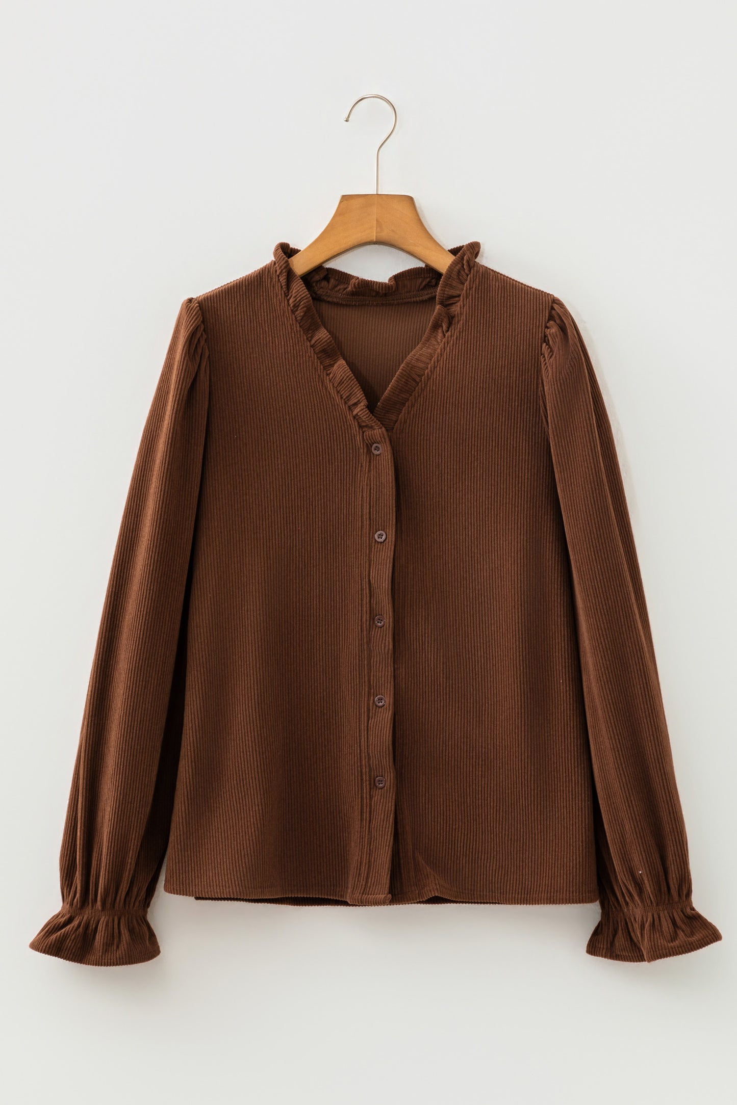 Coffee Solid Color Ruffle Trim V Neck Long Sleeve Button Corduroy Shakcet-Outerwear/Jackets-[Adult]-[Female]-2022 Online Blue Zone Planet