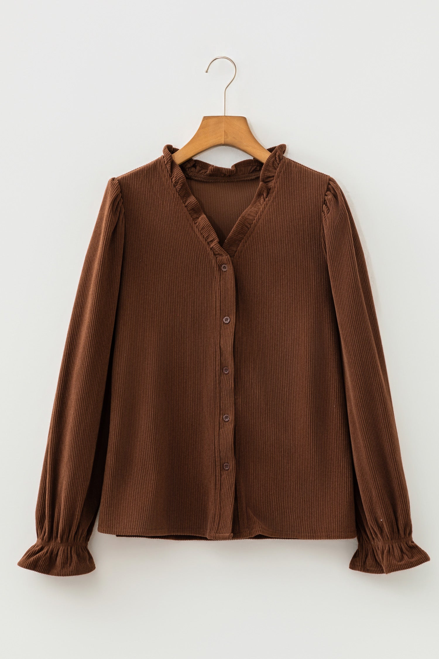 Coffee Solid Color Ruffle Trim V Neck Long Sleeve Button Corduroy Shakcet-Outerwear/Jackets-[Adult]-[Female]-2022 Online Blue Zone Planet