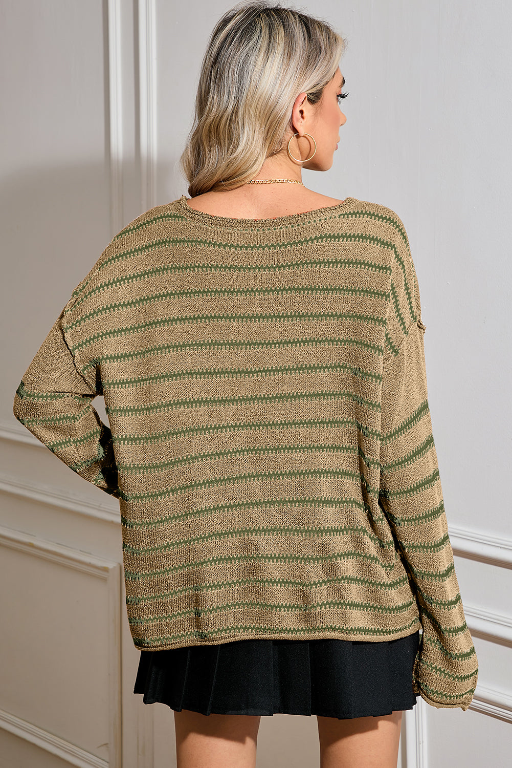 Blue Zone Planet | Green Stripe Casual Stripe Round Neck Drop Shoulder Sweater-Sweaters-[Adult]-[Female]-2022 Online Blue Zone Planet