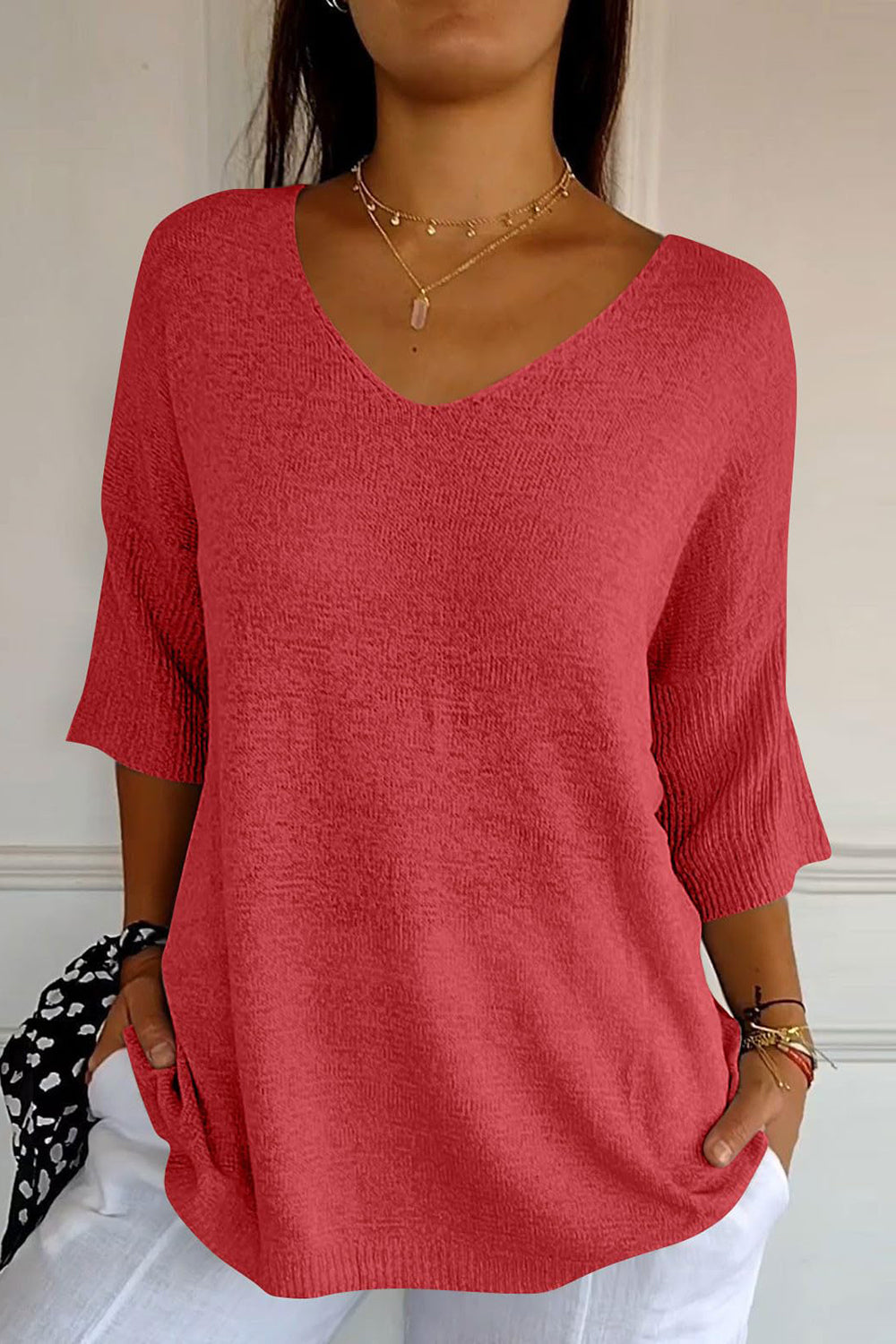 V-Neck Three-Quarter Sleeve Knit Top-TOPS / DRESSES-[Adult]-[Female]-Strawberry-One Size-2022 Online Blue Zone Planet