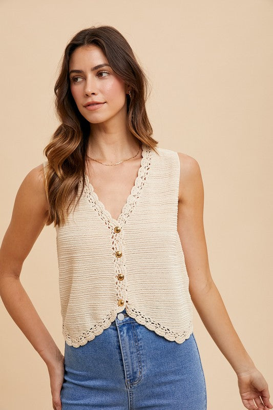 Annie Wear Crochet Trim Button Down Sweater Vest-TOPS / DRESSES-[Adult]-[Female]-2022 Online Blue Zone Planet