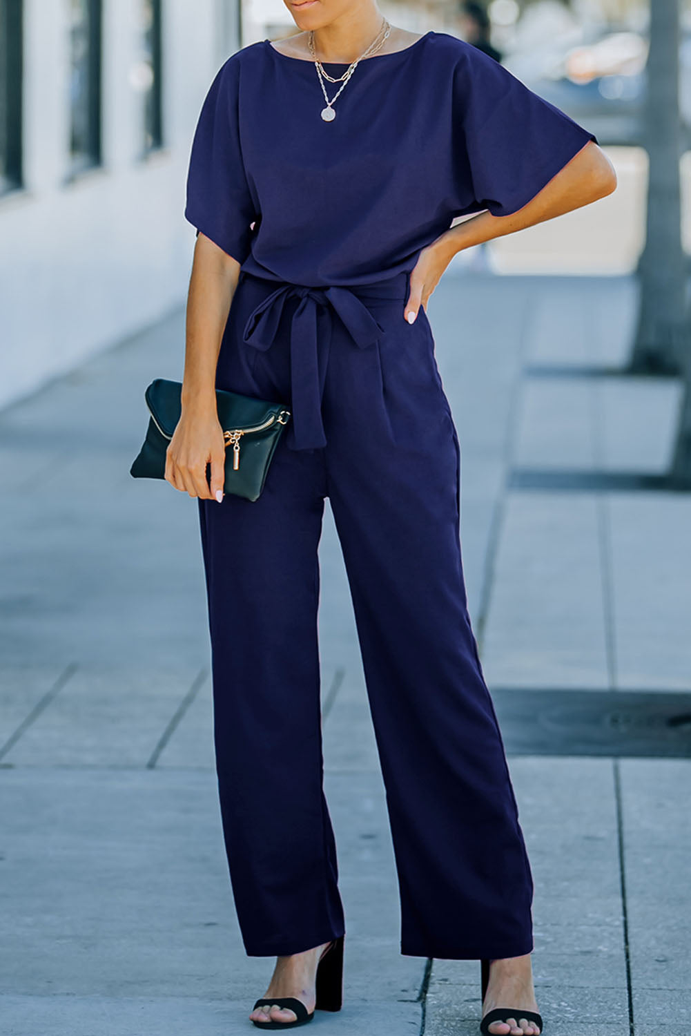 Blue Belted Wide Leg Jumpsuit-Bottoms/Jumpsuits & Rompers-[Adult]-[Female]-Blue-S-2022 Online Blue Zone Planet