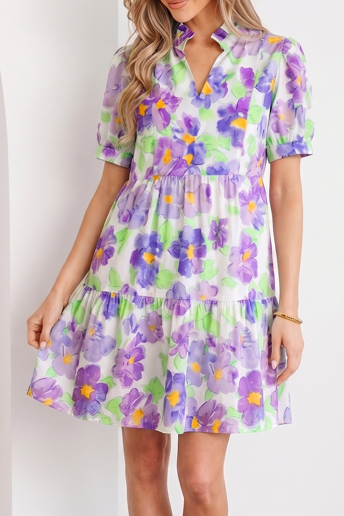 Purple Floral V Collar Short Sleeve Tiered Ruffle Mini Dress-TOPS / DRESSES-[Adult]-[Female]-2022 Online Blue Zone Planet