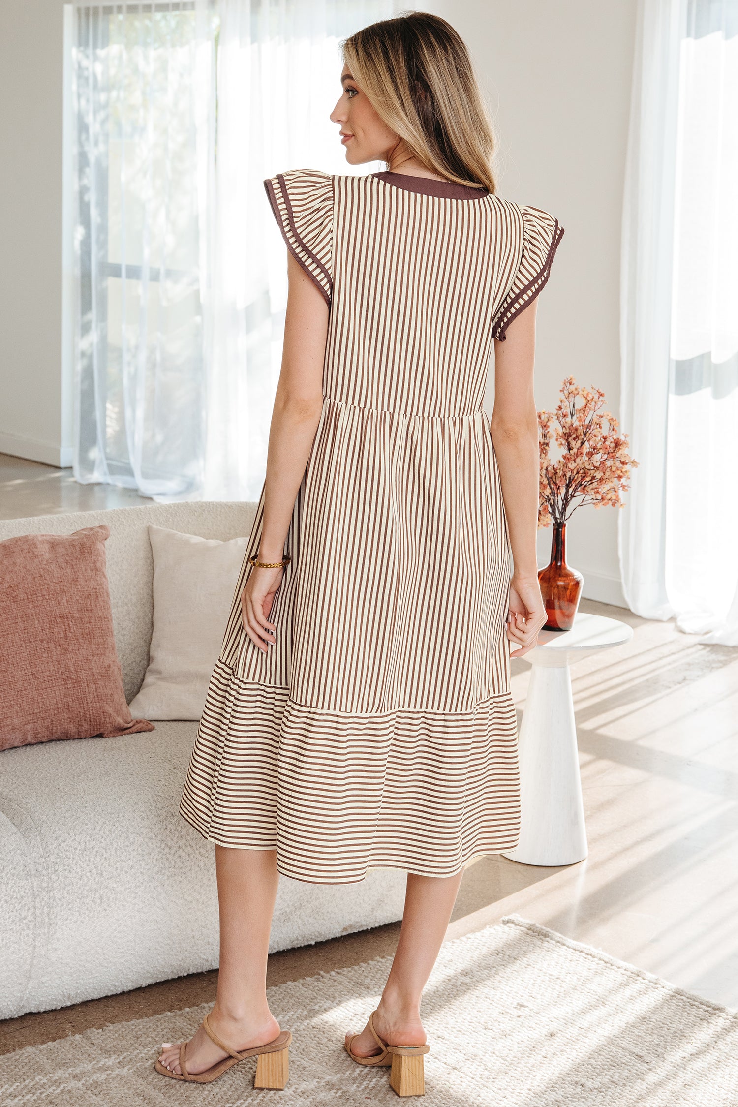 Brown Stripe Double Ruffled Short Sleeve Contrast Trim V Neck Midi Dress-TOPS / DRESSES-[Adult]-[Female]-2022 Online Blue Zone Planet