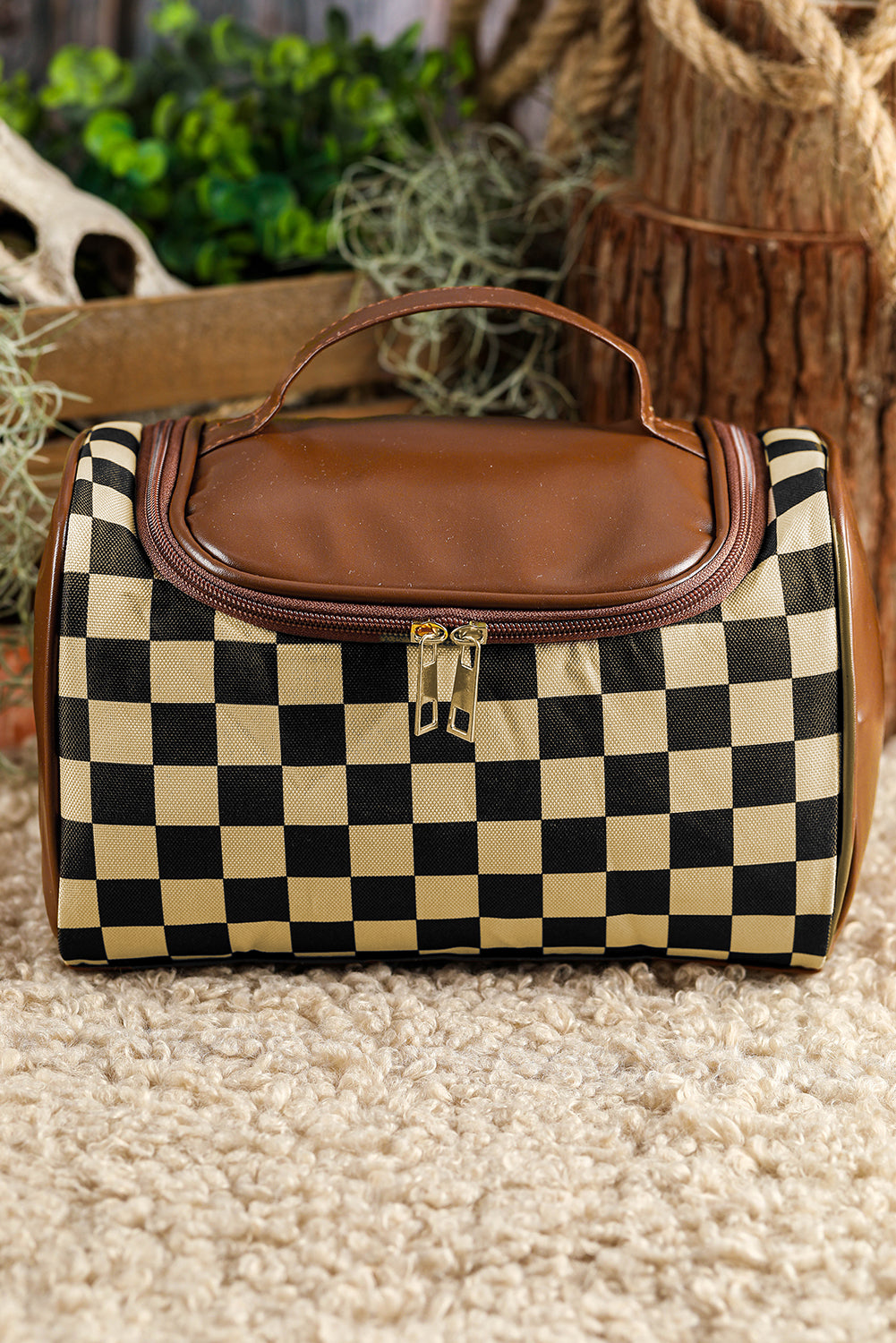 Black Checkered PU Leather Zipper Makeup Bag-Shoes & Bags/Makeup Bags-[Adult]-[Female]-2022 Online Blue Zone Planet