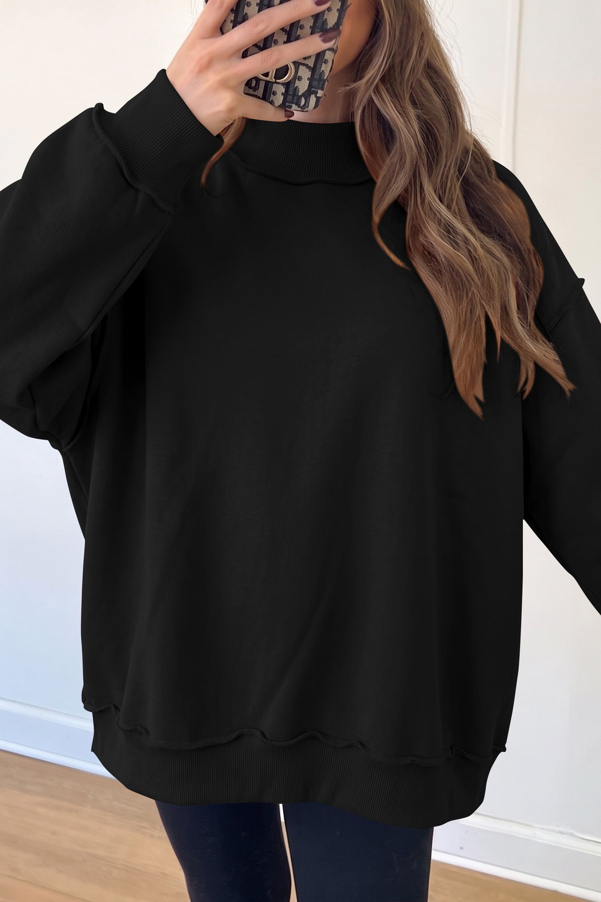 Black Oversize Drop Shoulder Reversible Mock Neck Sweatshirt-Tops/Sweatshirts & Hoodies-[Adult]-[Female]-2022 Online Blue Zone Planet