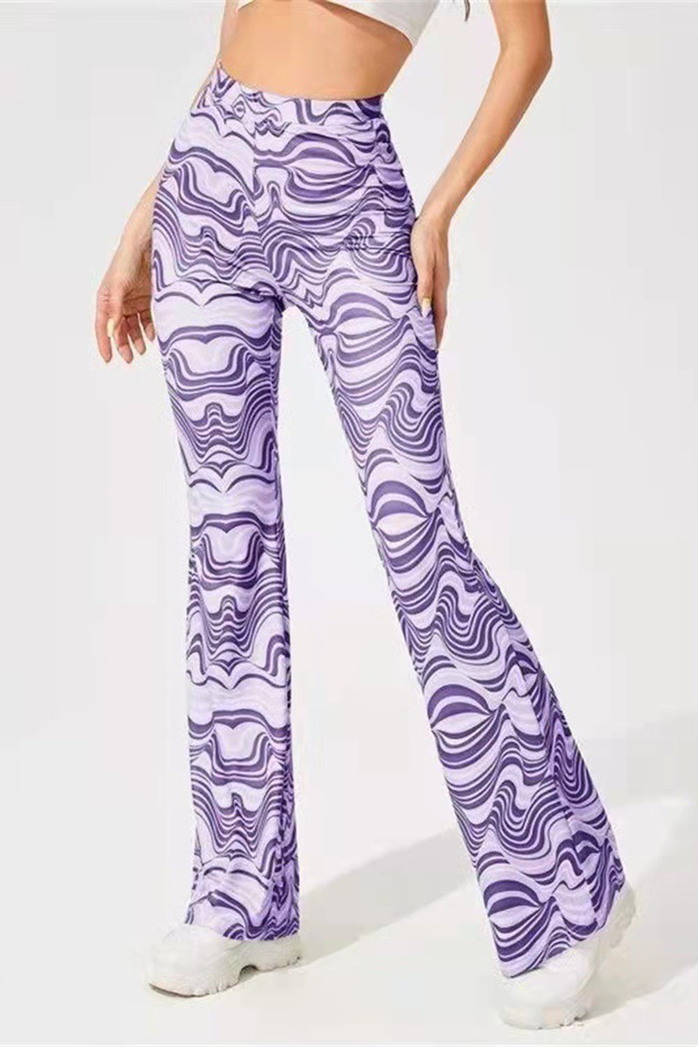 Printed High Waist Flare Pants-[Adult]-[Female]-2022 Online Blue Zone Planet