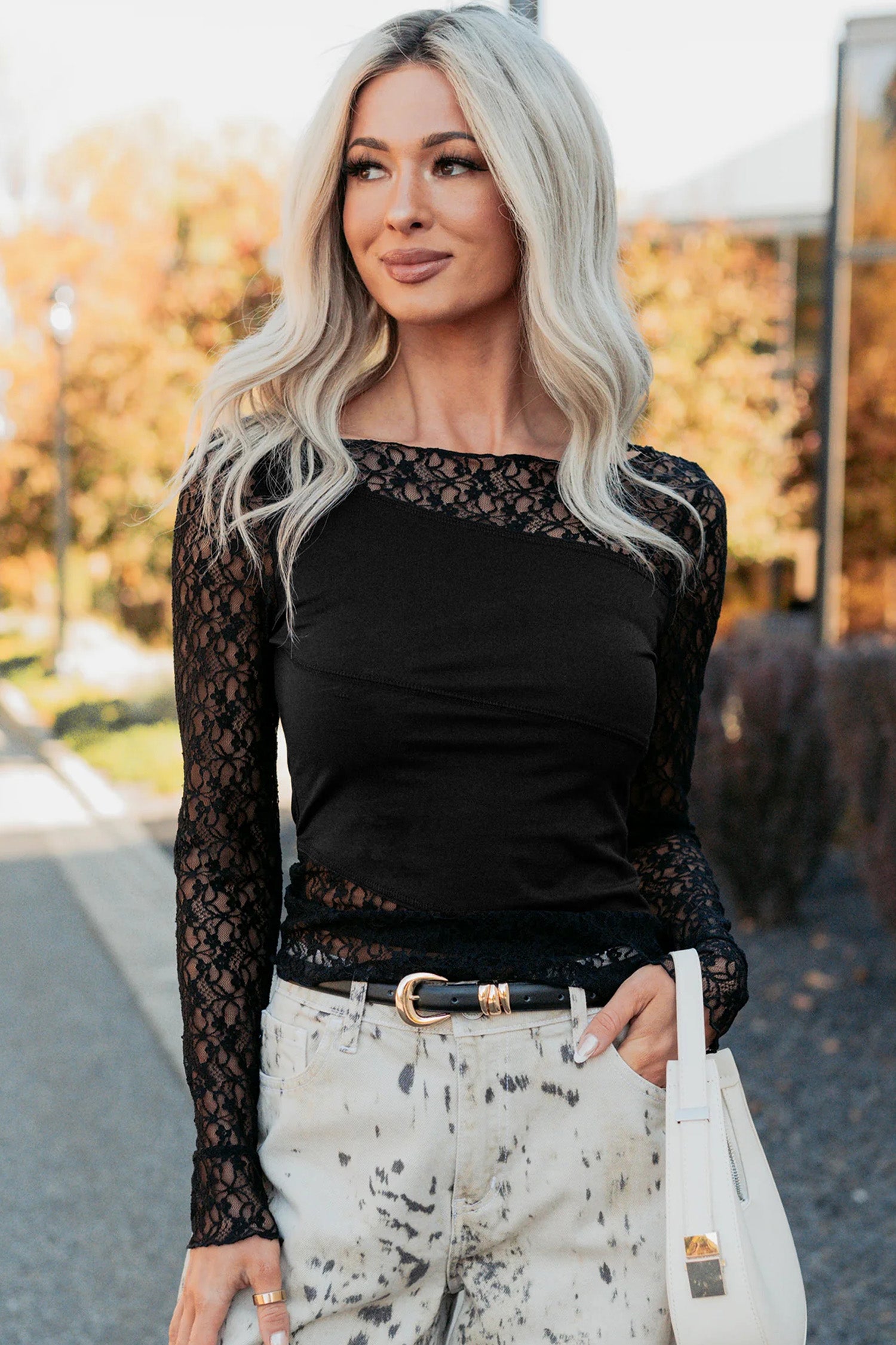 Black Asymmetric Panels Sheer Floral Lace Patchwork Long Sleeve Top-Tops/Long Sleeve Tops-[Adult]-[Female]-2022 Online Blue Zone Planet