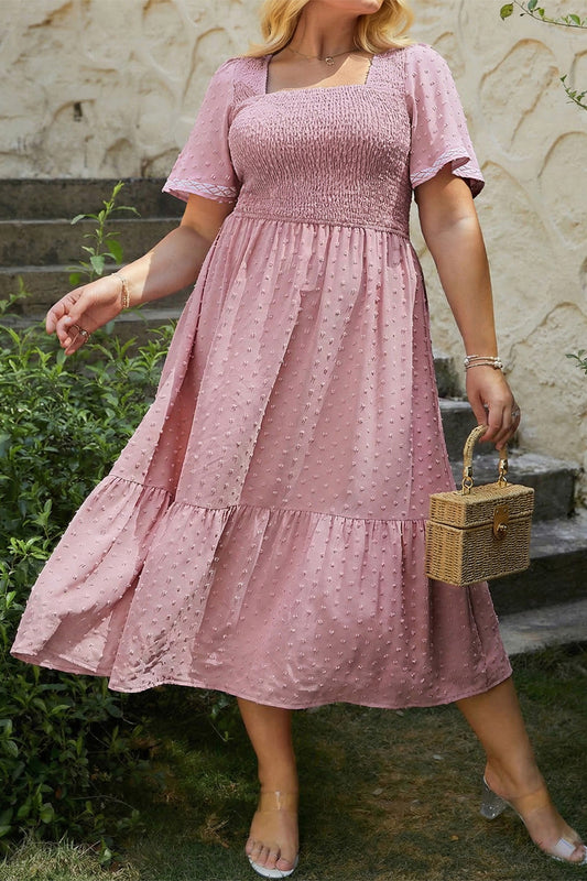 Pink Plus Size Swiss Dot Short Sleeve Smocked High Waist Flowy Midi Dress-TOPS / DRESSES-[Adult]-[Female]-Pink-1X-2022 Online Blue Zone Planet