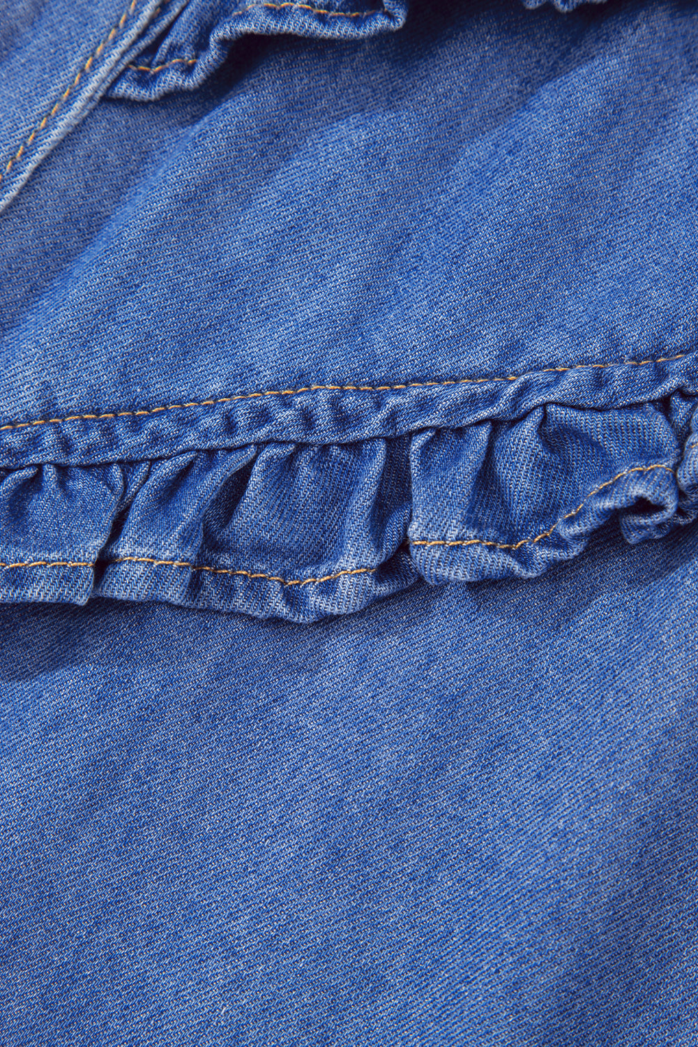 Sky Blue Mineral Wash Cap Sleeve Frilled Button Up Denim Shirt-Tops/Blouses & Shirts-[Adult]-[Female]-2022 Online Blue Zone Planet