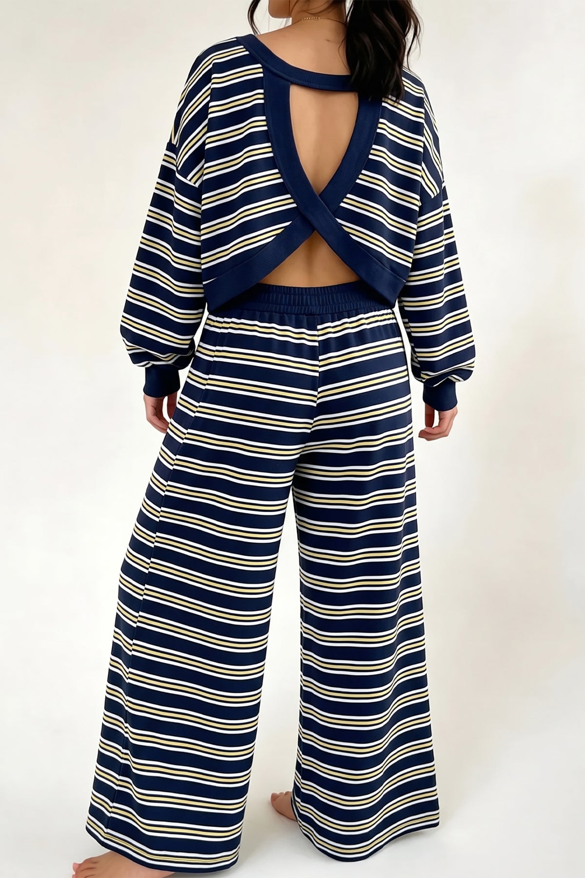 Brown Stripe Back Cutout Long Sleeve Top and Wide Leg Pants 2pcs Set-Two Piece Sets/Pant Sets-[Adult]-[Female]-Sky Blue Stripe-S-2022 Online Blue Zone Planet