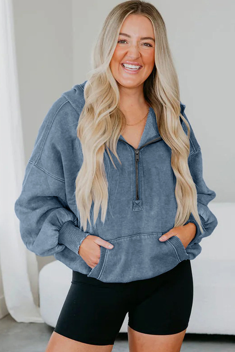 Ashleigh Blue Half Zip Kangaroo Pocket Mineral Wash Baggy Hoodie-Tops / Dresses-[Adult]-[Female]-2022 Online Blue Zone Planet