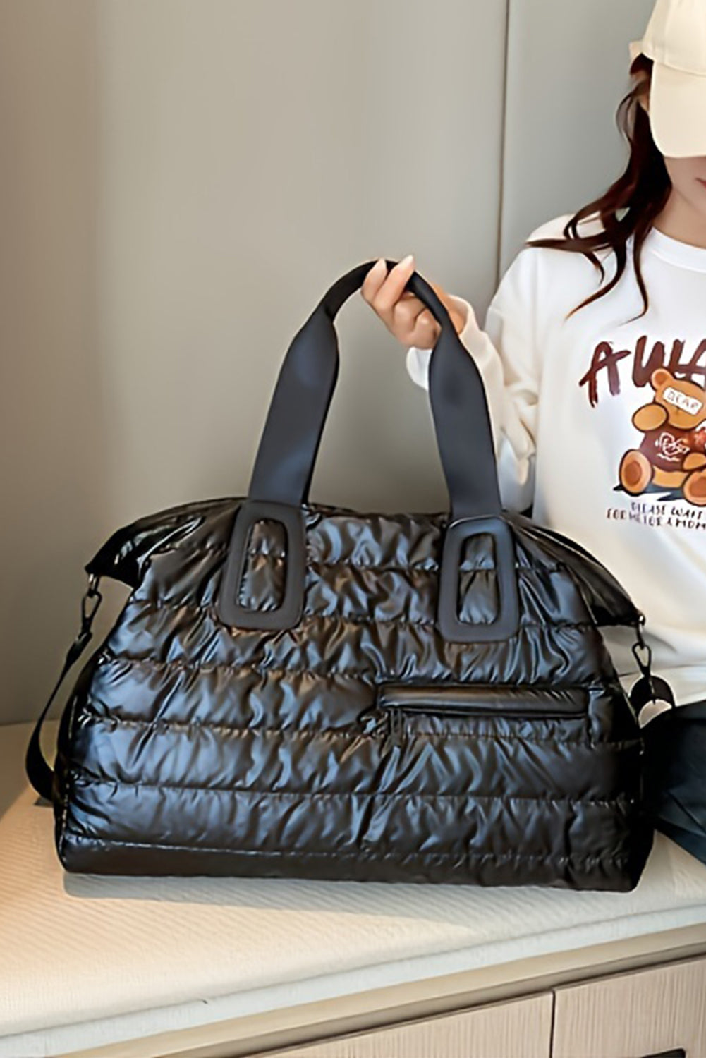 Black Puffy Quilted Tote Bag-Tote Bags-[Adult]-[Female]-Black-ONE SIZE-2022 Online Blue Zone Planet