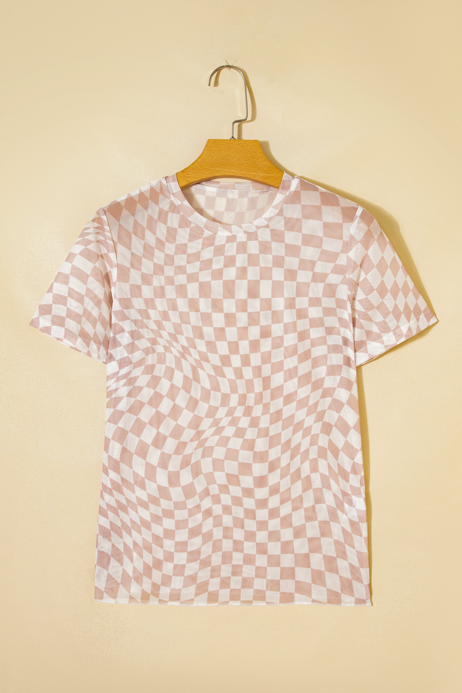 Khaki Checkered Print Mock Neck Mesh T Shirt-Tops/Tops & Tees-[Adult]-[Female]-2022 Online Blue Zone Planet