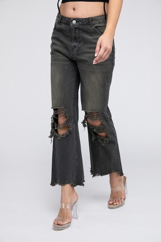 Distressed Vintage Washed Wide Leg Pants-[Adult]-[Female]-BLACK CHARCOAL-S-2022 Online Blue Zone Planet