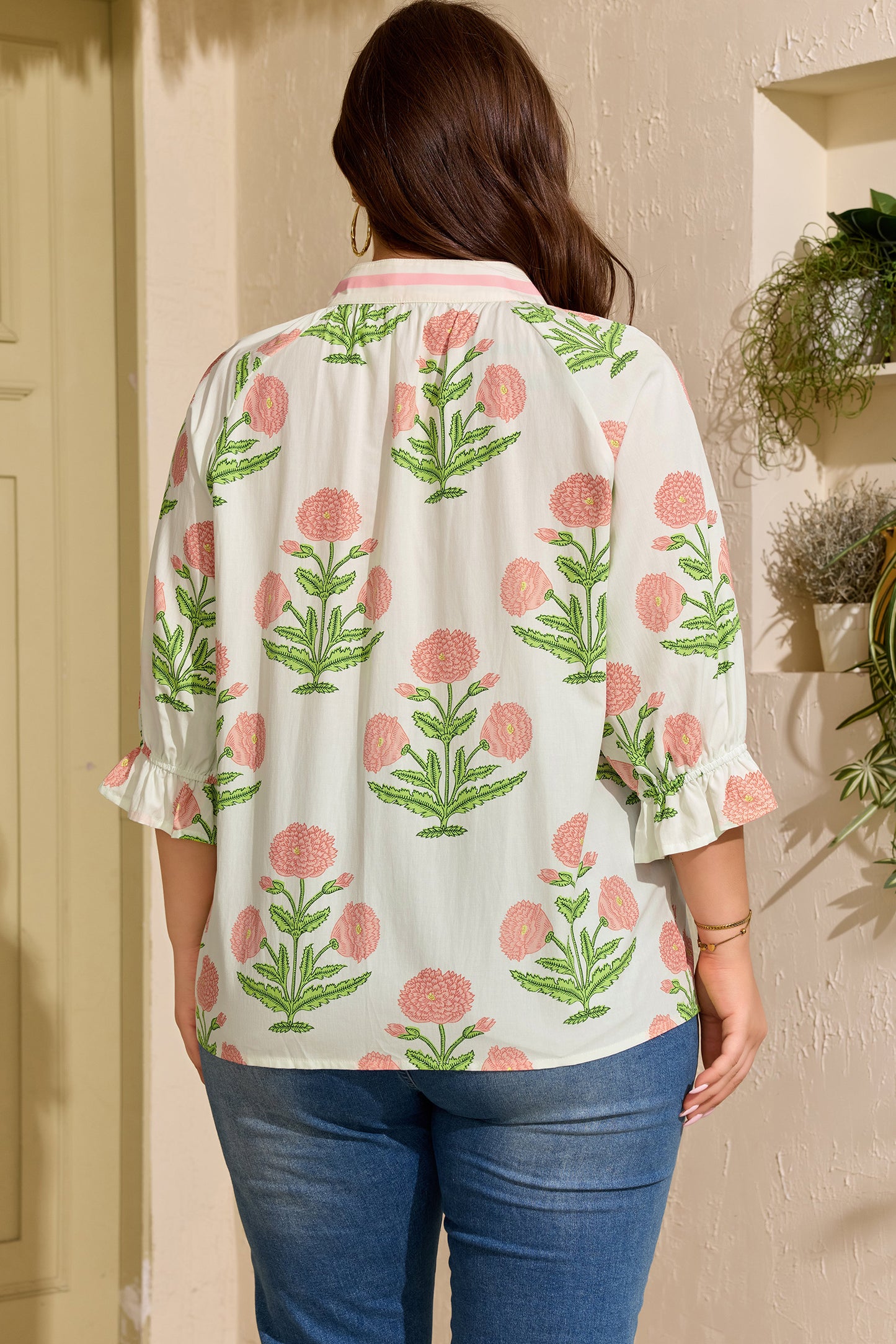 Pink Plus Size Floral Print Striped Trim V Neck Blouse-Plus Size/Plus Size Tops/Plus Size Blouses & Shirts-[Adult]-[Female]-2022 Online Blue Zone Planet