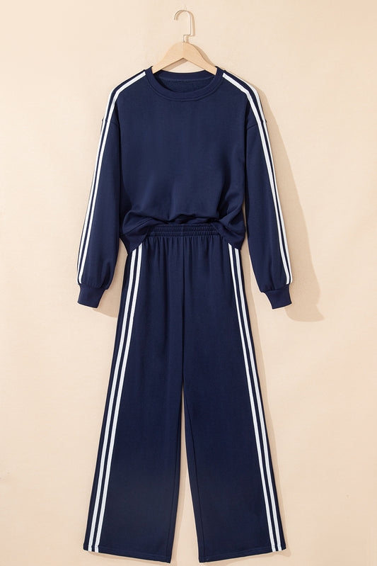 Dirty blue Varsity Striped Detail Crewneck Pullover Elastic Sweatpants 2pcs Outfit-Two Piece Sets/Pant Sets-[Adult]-[Female]-2022 Online Blue Zone Planet