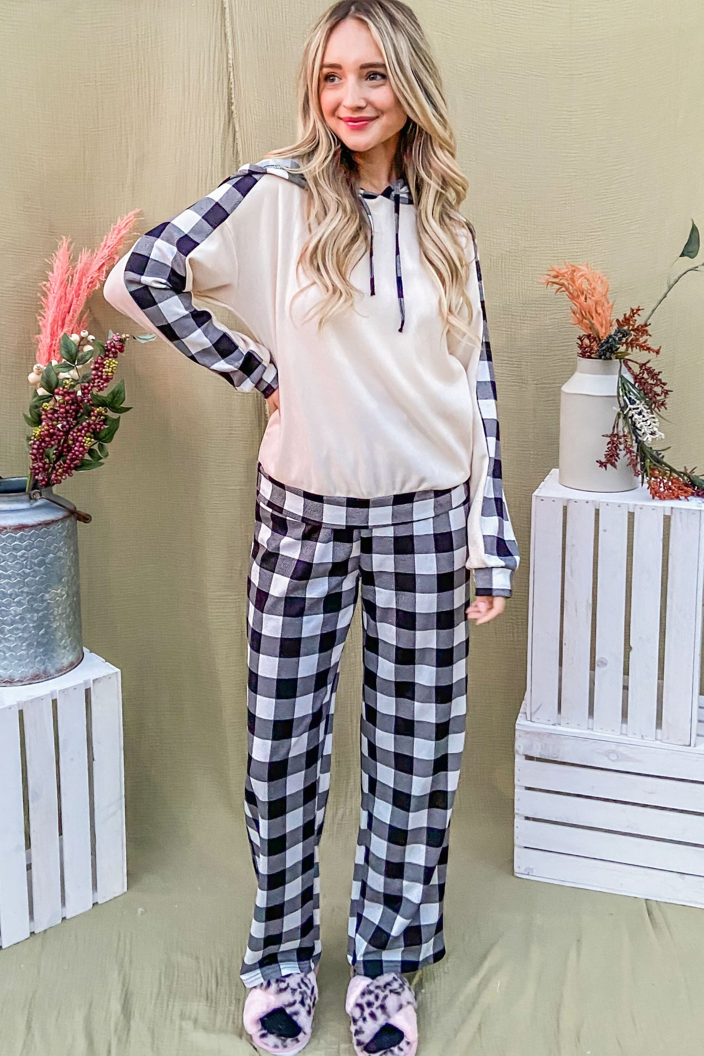 And The Why Drawstring Hooded Top and Plaid Pants Lounge Set-TOPS / DRESSES-[Adult]-[Female]-2022 Online Blue Zone Planet