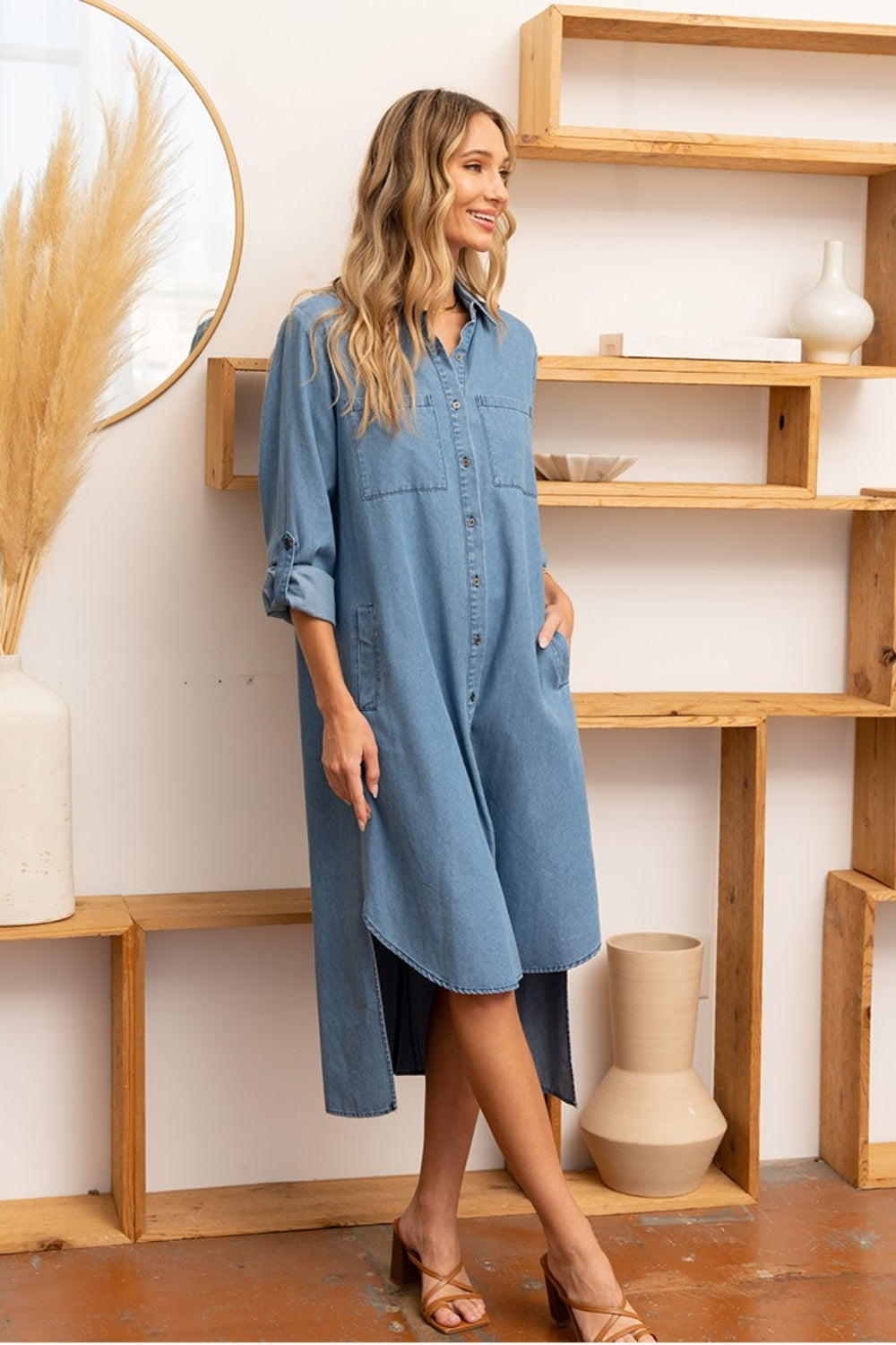 Sew In Love High-Low Button Up Roll-Tab Sleeve Denim Dress-TOPS / DRESSES-[Adult]-[Female]-2022 Online Blue Zone Planet