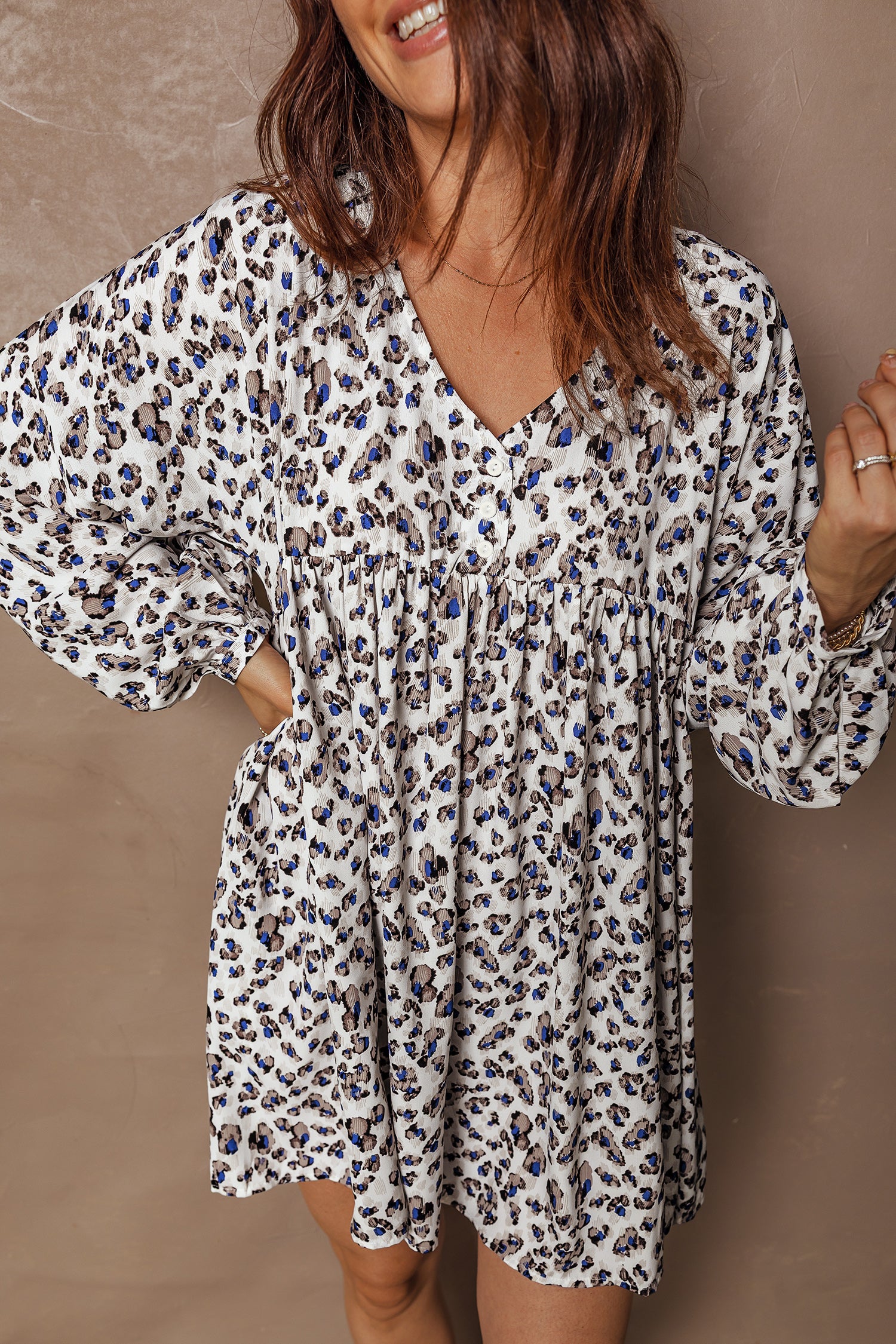 Multicolour Leopard Print V Neck Button Detail Long Sleeve Mini Dress-TOPS / DRESSES-[Adult]-[Female]-2022 Online Blue Zone Planet